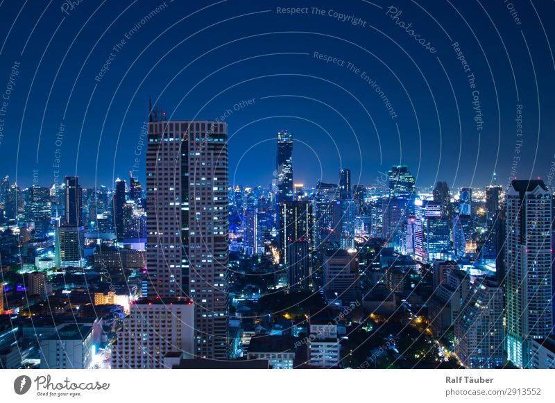 Bangkok at night Thailand Asia Capital city Downtown Skyline Architecture Modern Blue Town Skyline at night Colour photo Exterior shot Deserted Night