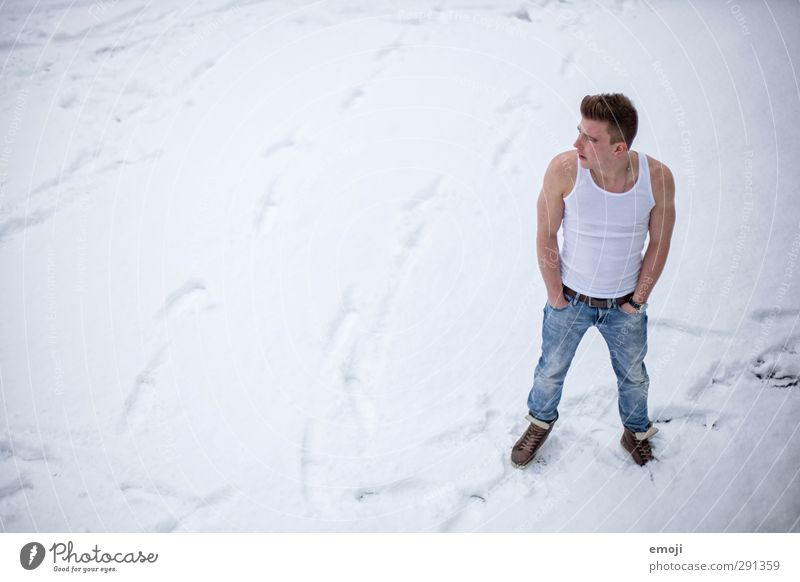 freezing cold Masculine Young man Youth (Young adults) 1 Human being 18 - 30 years Adults Winter Snow Cold Muscular Colour photo Exterior shot Copy Space left