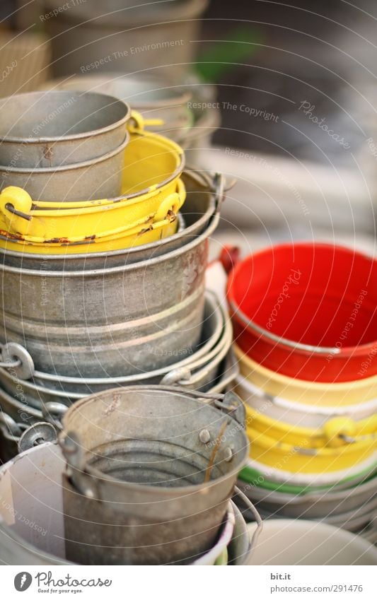many pots do not give a garden by far Leisure and hobbies Handicraft Garden Decoration Old Round Yellow Red Silver Tin Bucket Tub Containers and vessels