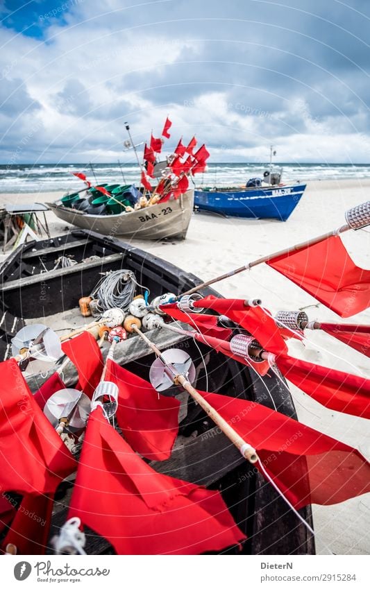 linkage Fishery Fishing boat Blue Red White Flag Rod Horizon Water Ocean Watercraft Colour photo Exterior shot Deserted Copy Space top Day Light Shadow Contrast
