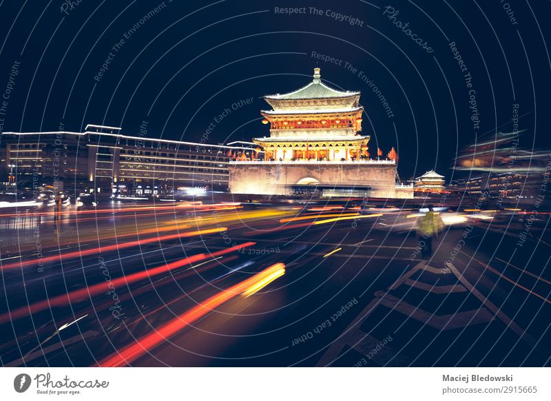 Xian bell tower at night, China. Vacation & Travel Tourism Trip Sightseeing City trip Downtown Building Architecture Landmark Monument Transport Road traffic