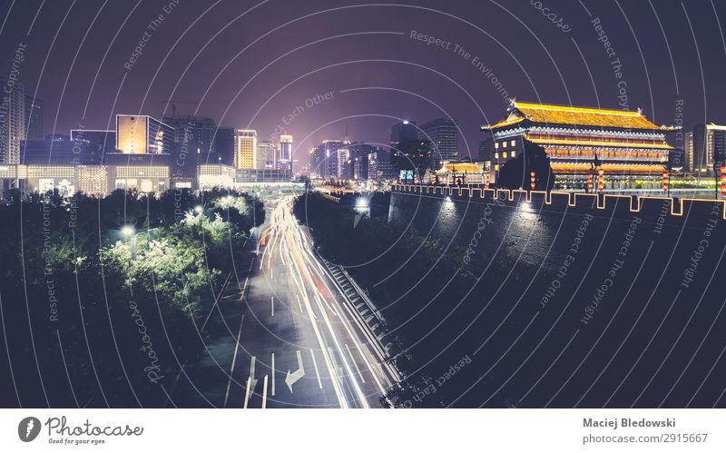 Xian skyline with City Wall at night, China. Vacation & Travel Tourism Trip Sightseeing City trip Downtown Skyline Populated Wall (barrier) Wall (building)