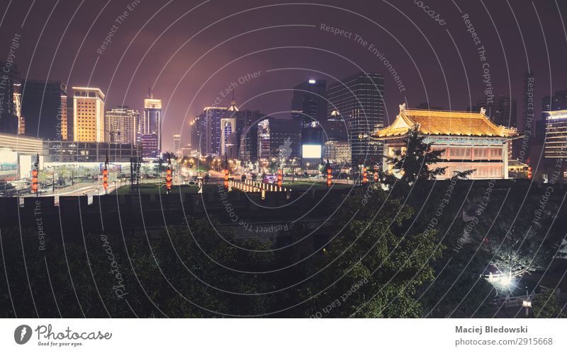 Xian skyline with City Wall at night, China. Vacation & Travel Tourism Sightseeing City trip Night life Office Business Park Town Downtown Old town Skyline