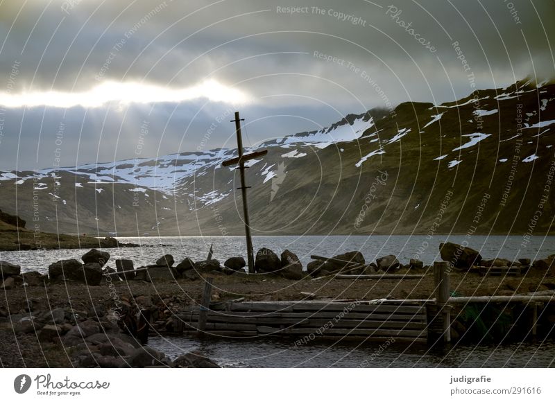 Iceland Environment Nature Landscape Sky Clouds Sunlight Coast Fjord Djúpavík Village Natural Wild Moody Loneliness Jetty Colour photo Subdued colour
