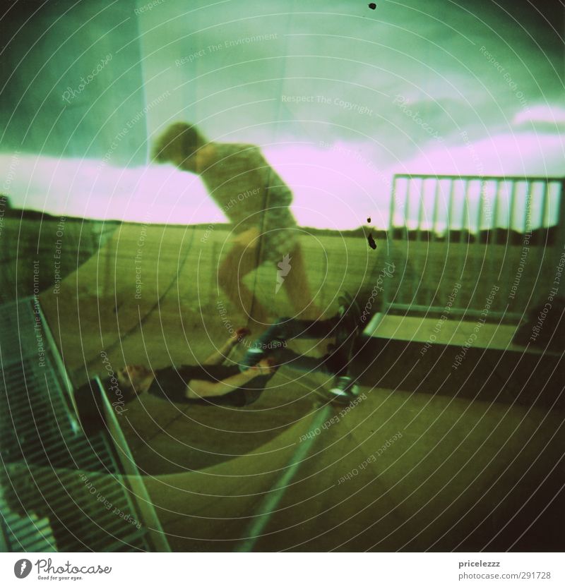 skate Skateboard Human being Masculine 2 18 - 30 years Youth (Young adults) Adults Crucifix Esthetic Athletic Hip & trendy Speed Town Double exposure