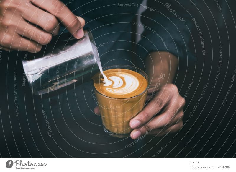 Barista pouring hot milk prepare latte art on cup of coffee Breakfast To have a coffee Beverage Hot drink Coffee Latte macchiato Espresso Cup Mug Lifestyle