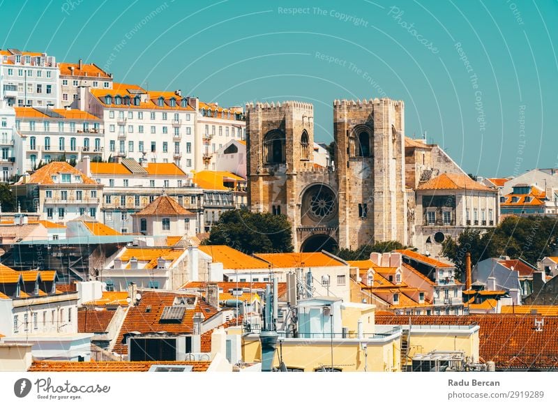 Aerial View Of Lisbon City Rooftops In Portugal Aircraft Vantage point Europe Vientiane Panorama (Format) Skyline Old Tourism Architecture Street Historic