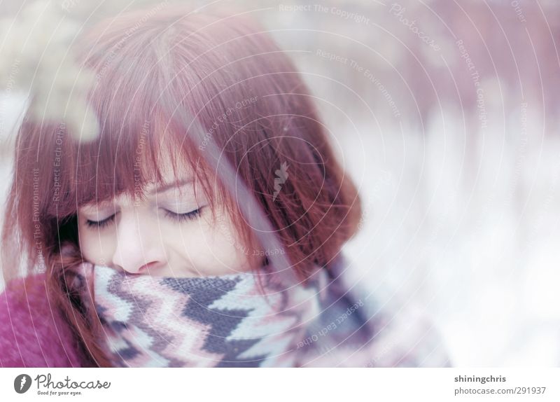 snuggle Beautiful Feminine Young woman Youth (Young adults) Face 1 Human being 18 - 30 years Adults Nature Winter Snow Scarf Brunette Red-haired Relaxation