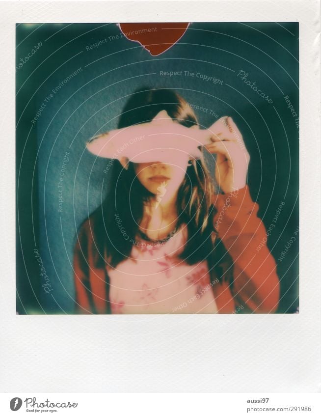 Am I fish? Polaroid Fish Trout Eating Dazzle Perspective Eyes Portrait photograph Child Girl Youth (Young adults) Young woman Protection Closed Anticipated