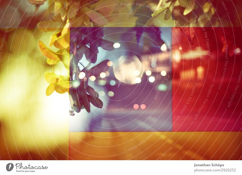 graphic background image with street and leaves Town Esthetic Blue Multicoloured Yellow Red Cool (slang) Optimism Life Double exposure Experimental Abstract