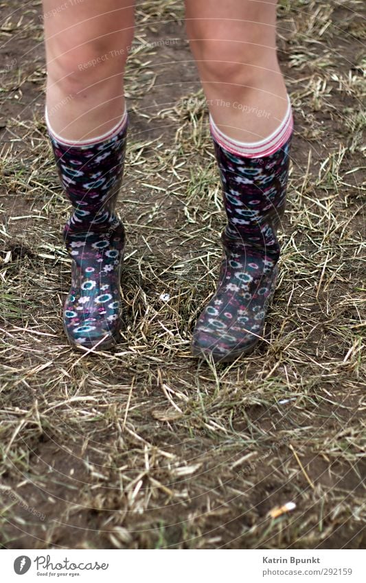 gumboots #1 Legs Human being Meadow Striped socks Rubber boots Stand Colour photo Exterior shot