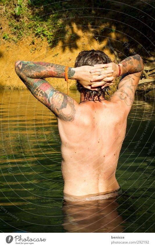 Y Man Human being Back Tattoo Tattooed Rear view Water Young man Swimming & Bathing Float in the water Summer Vacation & Travel Travel photography Adventure Joy