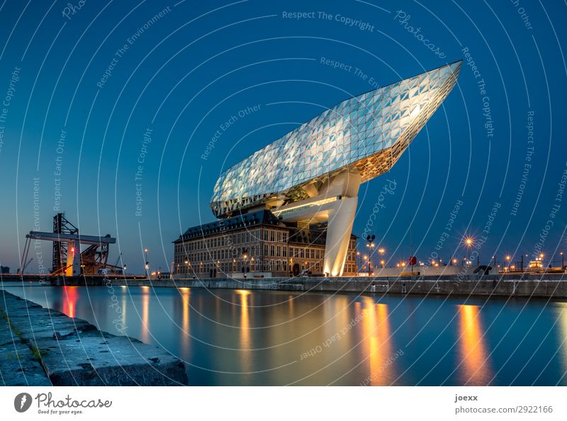 Futuristic building on the waterfront with glass facade illuminated in the evening Modern architecture Zaha Hadid The Port House futuristic Glas facade Facade