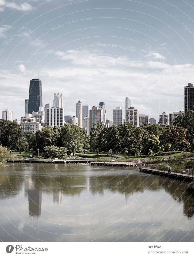 Lincoln Park Chicago Skyline. Beautiful weather Tree Pond Lake USA Town High-rise Relaxation Hancock Center Colour photo Copy Space top Copy Space bottom