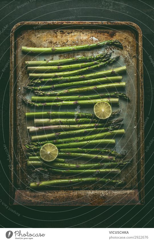 Green asparagus on baking tray Food Vegetable Nutrition Organic produce Vegetarian diet Diet Design Healthy Eating Asparagus Asparagus season Baking tray