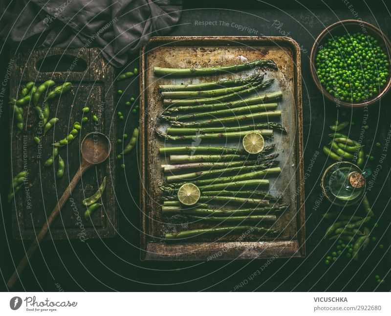 Asparagus on baking tray with green ingredients Food Vegetable Nutrition Organic produce Vegetarian diet Diet Crockery Style Design Healthy Eating