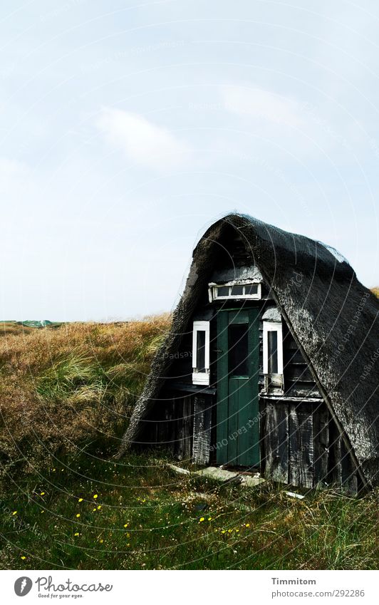 Old houses. A cottage. Vacation & Travel Landscape Sky Clouds Grass Denmark Deserted Hut Fishermans hut Blue Green White Emotions Loneliness Calm Simple