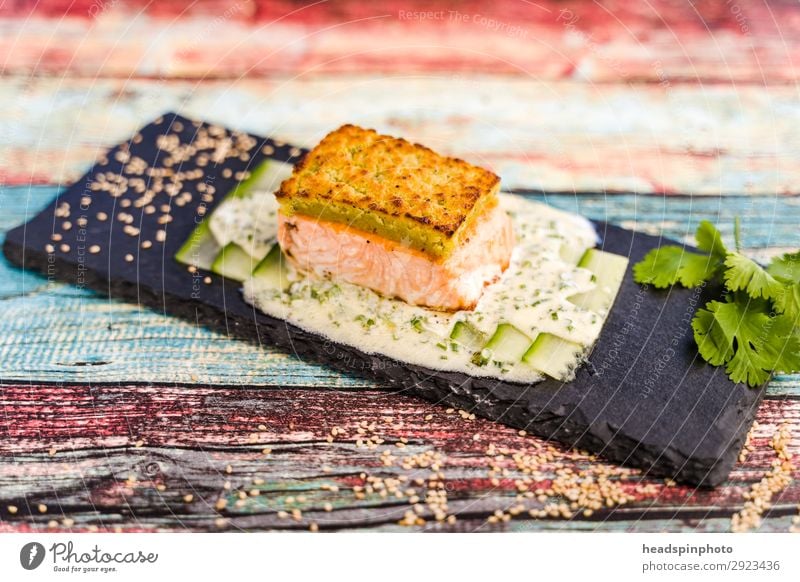 Salmon with wasabi crust and yoghurt-dill sauce Food Fish Yoghurt Nutrition Dinner Banquet Asian Food Plate Quality Salmon filet Wasabi Crust Delicious