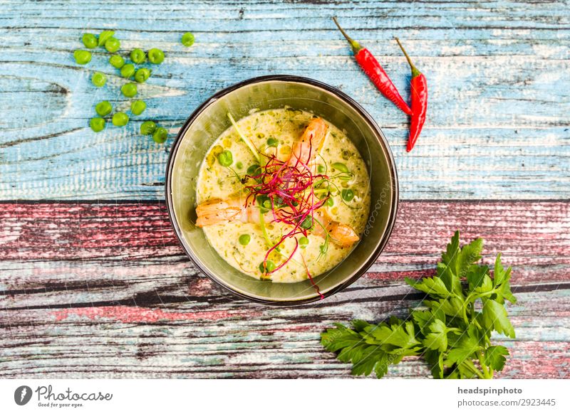 Coconut peas soup with prawns Food Seafood Vegetable Peas Ginger Shrimps Nutrition Lunch Dinner Buffet Brunch Banquet Business lunch Slow food Asian Food
