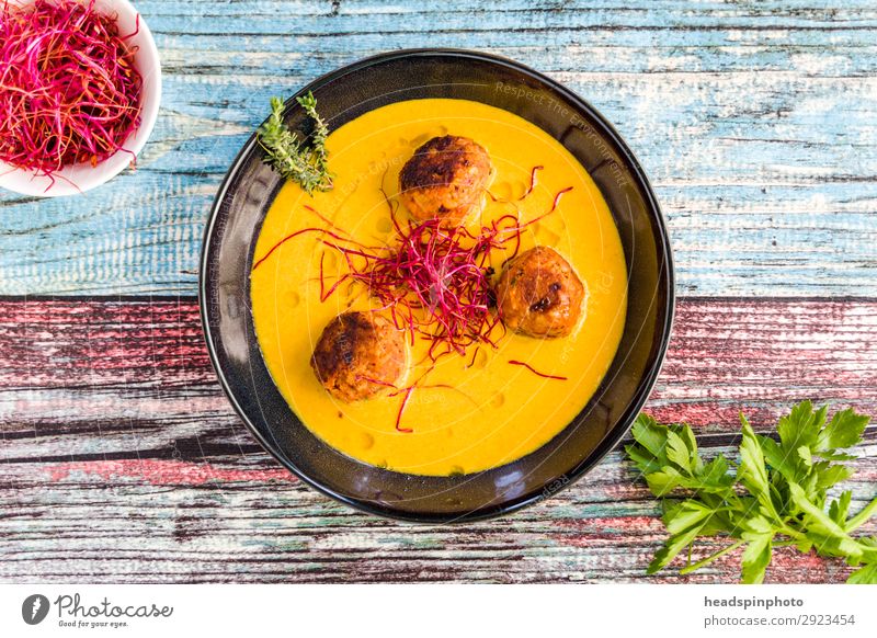 Pumpkin ginger soup with meatballs & truffle oil Meat Soup Stew Herbs and spices Joy Healthy Eating Exotic Delicious Yellow Hospitality Fragrance Pumpkin soup