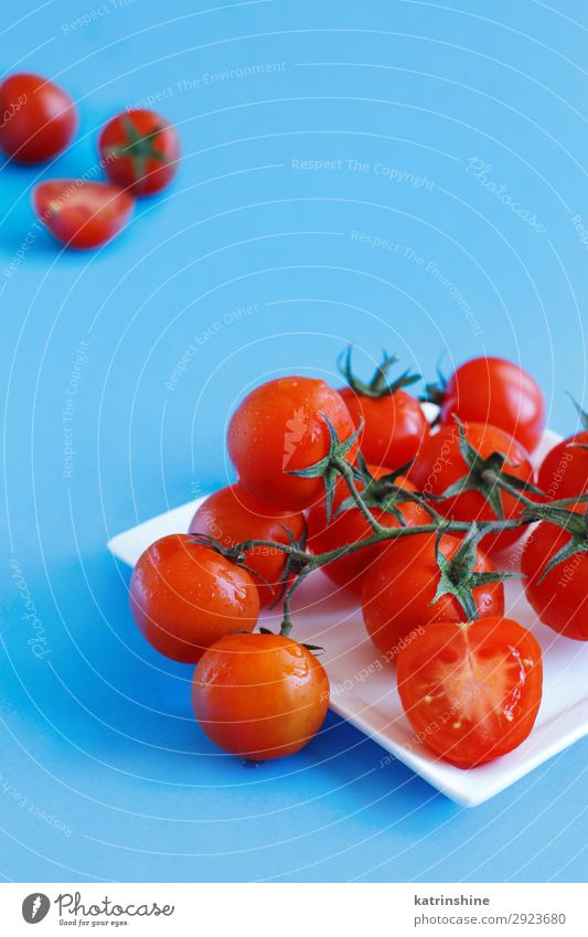 Cherry tomatoes on a blue background Vegetable Vegetarian diet Diet Fresh Bright Above Blue Red cherry tomatoes Ingredients Raw Minimalistic Conceptual design