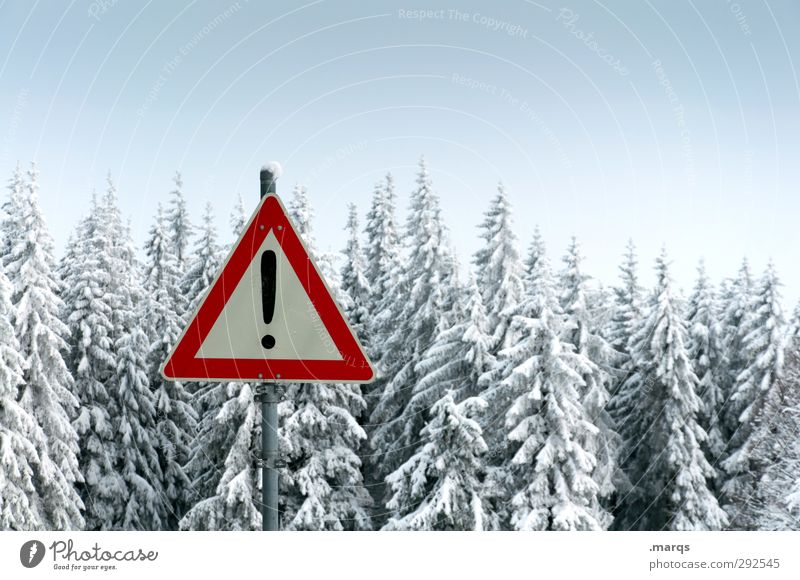 Attention winter! Trip Winter vacation Environment Nature Landscape Climate Ice Frost Snow Forest Sign Signs and labeling Cold Moody Warn Exclamation mark