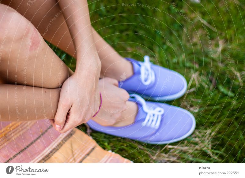 beautiful shoes with leg Feminine Young woman Youth (Young adults) Woman Adults Legs Feet Sit Slip-on Lawn Picnic Relaxation Violet Footwear Hand Colour photo