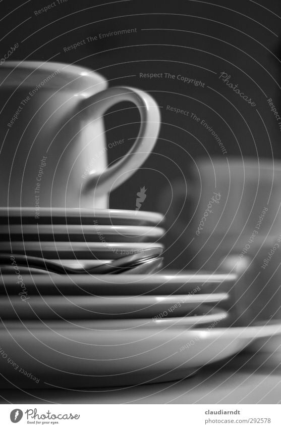 dish washing Crockery Plate Cup Spoon Kitchen Dirty Gray Black White Do the dishes To have a coffee Blur Housekeeping Stack Black & white photo Detail Deserted