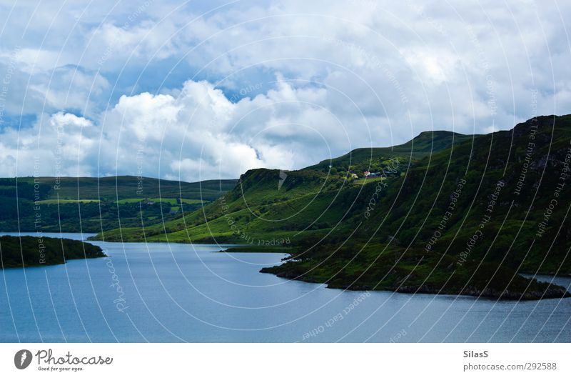 Holiday on the island III Landscape Water Sky Clouds Grass Hill Lakeside Ireland Blue Green White Contentment Colour photo Exterior shot Day Light Shadow