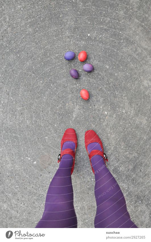 Easter red/purple Easter egg Tradition Egg boiled eggs colorful eggs Violet Red Legs feminine Woman Stockings feet Street High heels Asphalt Strange Whimsical