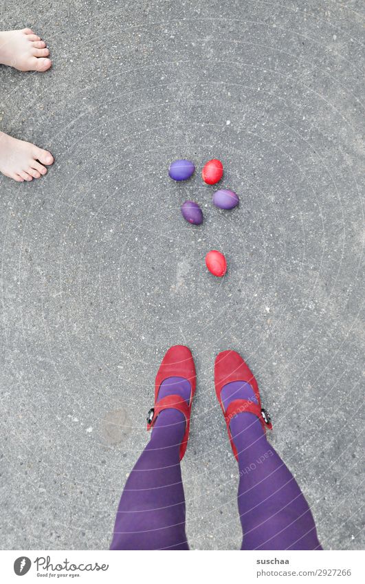 easter red/purple + spectators Easter Easter egg Egg boiled eggs colorful eggs Yellow Blue Legs feminine Woman Stockings feet Street Asphalt Strange Whimsical