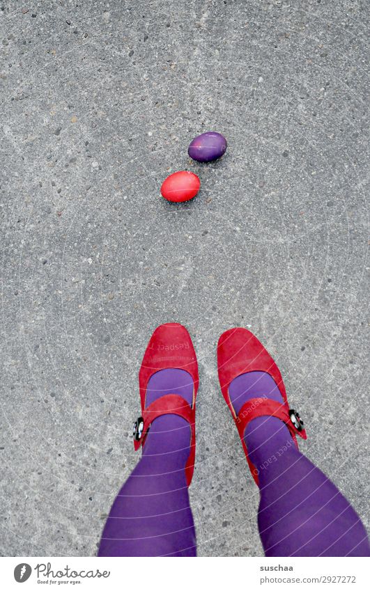 two Easter eggs Red Violet 2 Egg Street Asphalt Woman Legs Stockings feminine Stand High heels Whimsical Strange