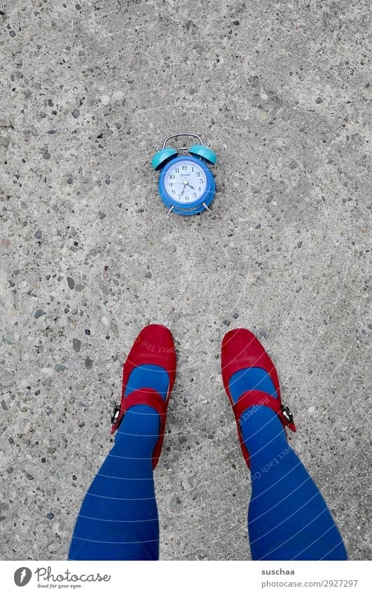 blue time Woman Legs Feet High heels Red Blue Street Asphalt Exterior shot Alarm clock Clock Time Haste Clock face Morning Midday Evening time of day