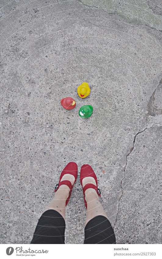 group picture with lady Woman Legs feet Lady High heels Stand Street Asphalt Multiple Squeak duck Strange Whimsical Joke Funny Joy Cute Toys Swimming & Bathing