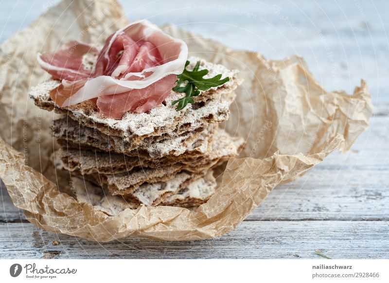 Crispbread with Ham crispbread hardbread cottage cheese fresh cheese red brown white meat ham gammon dried raw Flash photo Studio shot Rustic Colour photo Brown