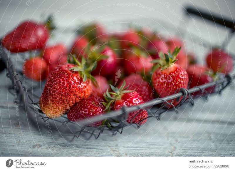 Fresh strawberries Food Fruit Strawberry Nutrition Organic produce Vegetarian diet Diet Fasting Bowl Wire basket Basket Lifestyle Healthy Eating Summer Wood