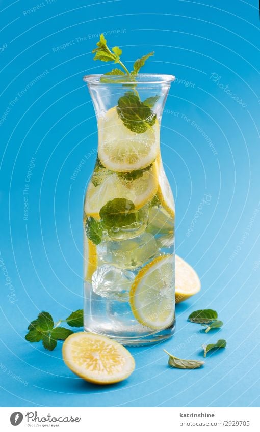 Homemade refreshing drink with lemon juice and mint Fruit Beverage Lemonade Juice Summer Leaf Cool (slang) Fresh Natural Blue Yellow Green White Mint citrus