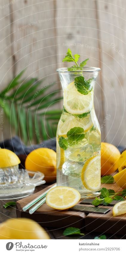 Homemade refreshing drink with lemon juice and mint Fruit Beverage Lemonade Juice Summer Leaf Cool (slang) Dark Fresh Natural Yellow Green White Mint citrus
