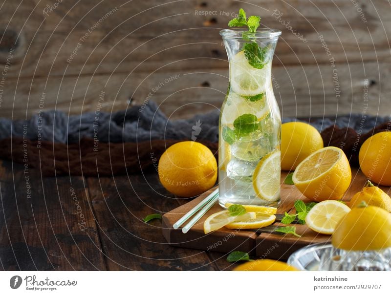 Homemade refreshing drink with lemon juice and mint Fruit Beverage Lemonade Juice Summer Leaf Cool (slang) Dark Fresh Natural Yellow Green White Mint citrus