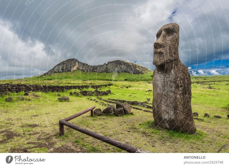 The volcano Rano Raraku, quarry of the moais of Easter Island Art Work of art Sculpture Culture Nature Landscape Clouds Storm clouds Summer Park Meadow Field