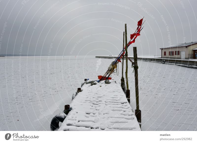 sleeping harbour Landscape Sky Clouds Horizon Winter Bad weather Snow Coast Baltic Sea Fishing village Deserted House (Residential Structure) Harbour