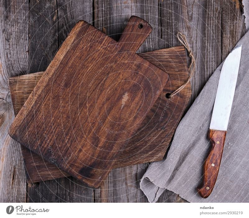 two old wooden cutting boards and a knife Knives Design Kitchen Wood Old Dirty Dark Natural Above Retro Brown Ancient background Blank chopping cooking empty