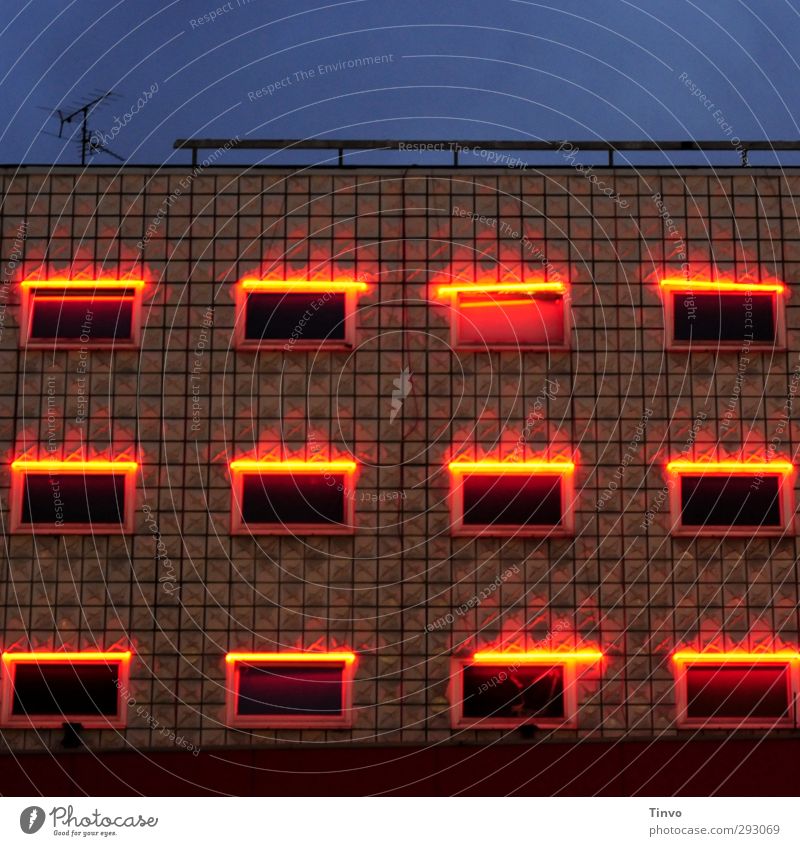 illuminated windows of a studenhotel Town House (Residential Structure) Building Architecture Facade Window Illuminate Dark Blue Brown Red Red-light district