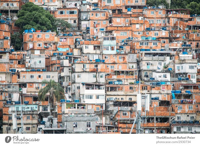 favela Town Blue Brown Gray Orange Black White Township Brazil Rio de Janeiro House (Residential Structure) Window Door Poverty Arm Colour photo Deserted Day