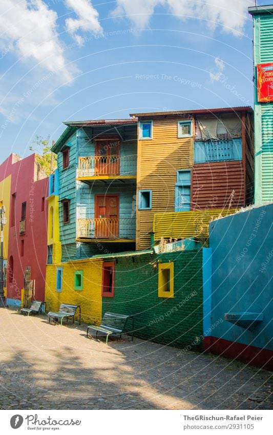 La Boca Town Capital city Blue Multicoloured Yellow Gray Green Black White Buenos Aires South America Argentina House (Residential Structure) Window Clouds