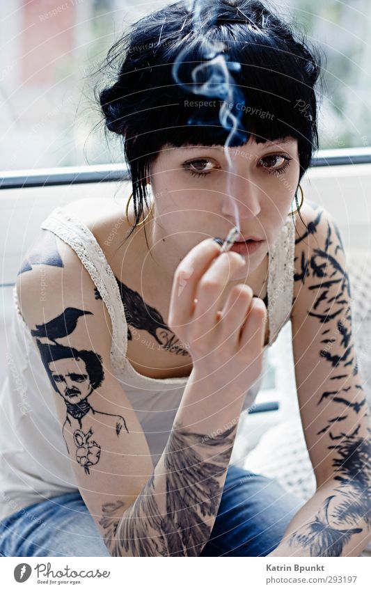 "Only happy when it rains" Human being Feminine Young woman Youth (Young adults) 1 18 - 30 years Adults Tattoo Earring Black-haired Smoking Sit Authentic