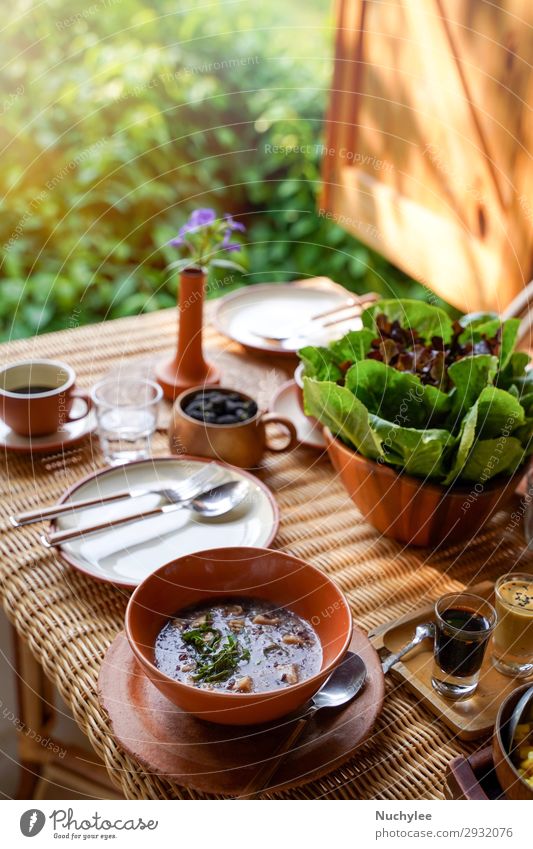 Healthy eating style, breakfast with delicious vegetables Vegetable Fruit Herbs and spices Breakfast Coffee Plate Lifestyle Wellness Summer Chair Table Nature