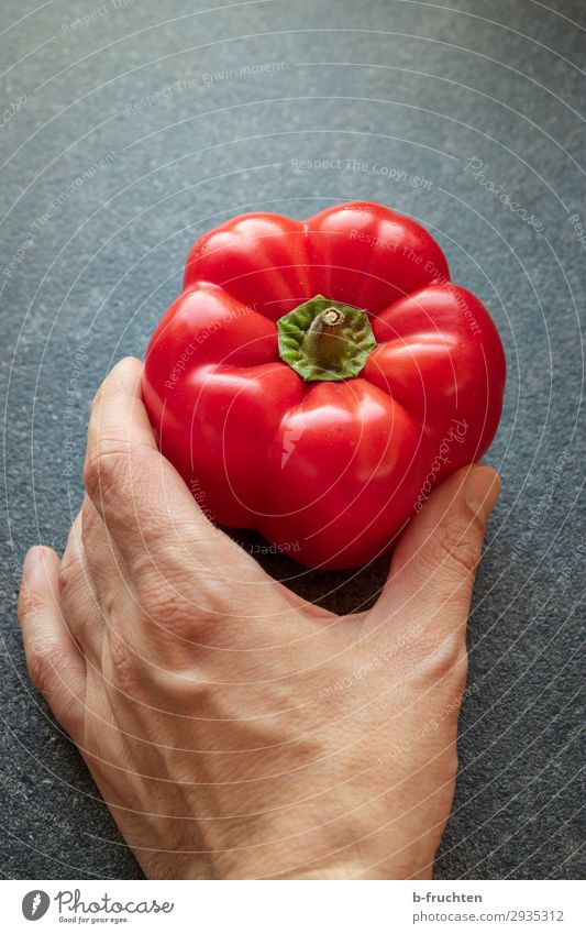 Here's a red pepper. Food Vegetable Nutrition Organic produce Vegetarian diet Healthy Eating Cook Kitchen Hand Fingers Work and employment Select To hold on
