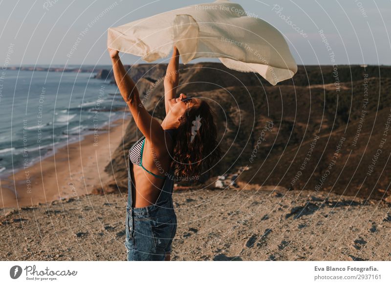 portrait of beautiful happy young woman outdoors Lifestyle Happy Beautiful Playing Vacation & Travel Tourism Adventure Freedom Summer Sun Beach Ocean Mountain