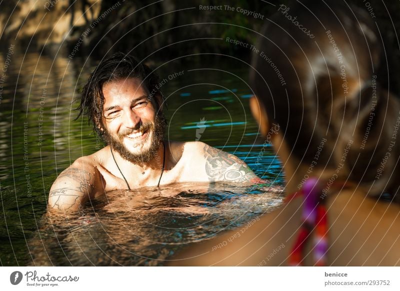Water Flirt Man Woman Swimming & Bathing Float in the water Summer Laughter Smiling Facial hair Beard Couple In pairs Lovers Infatuation Portrait photograph Sun